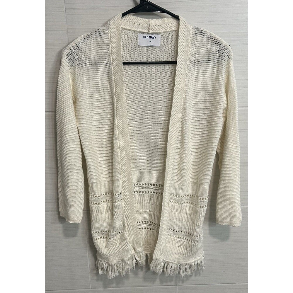 Old Navy Girls Youth Cream Open Front Fringe Cardigan Sweater M (8), Fall Winter